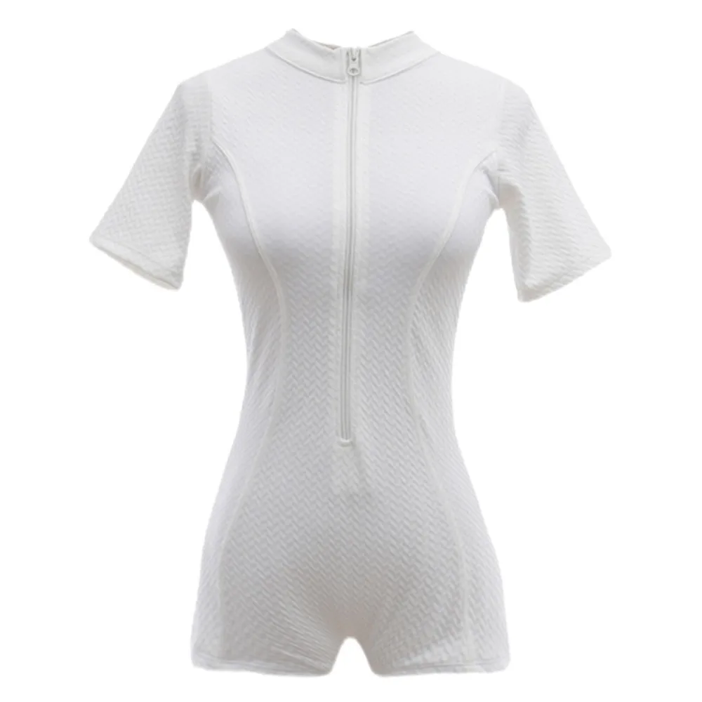 

Bodysuit Short Sleeve Swimming Suit Solid High Neck Bathing Suit Half High Collar Blue Rash Guard Summer