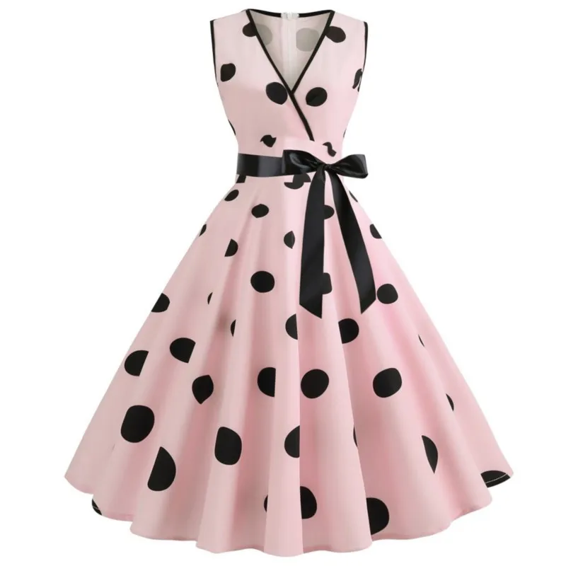 

Summer New Vintage Polka Dot Print Sleeveless Dresses Women V-neck Bowknot Leace-up Hepburn Style Dress Temperament Lady Vestido