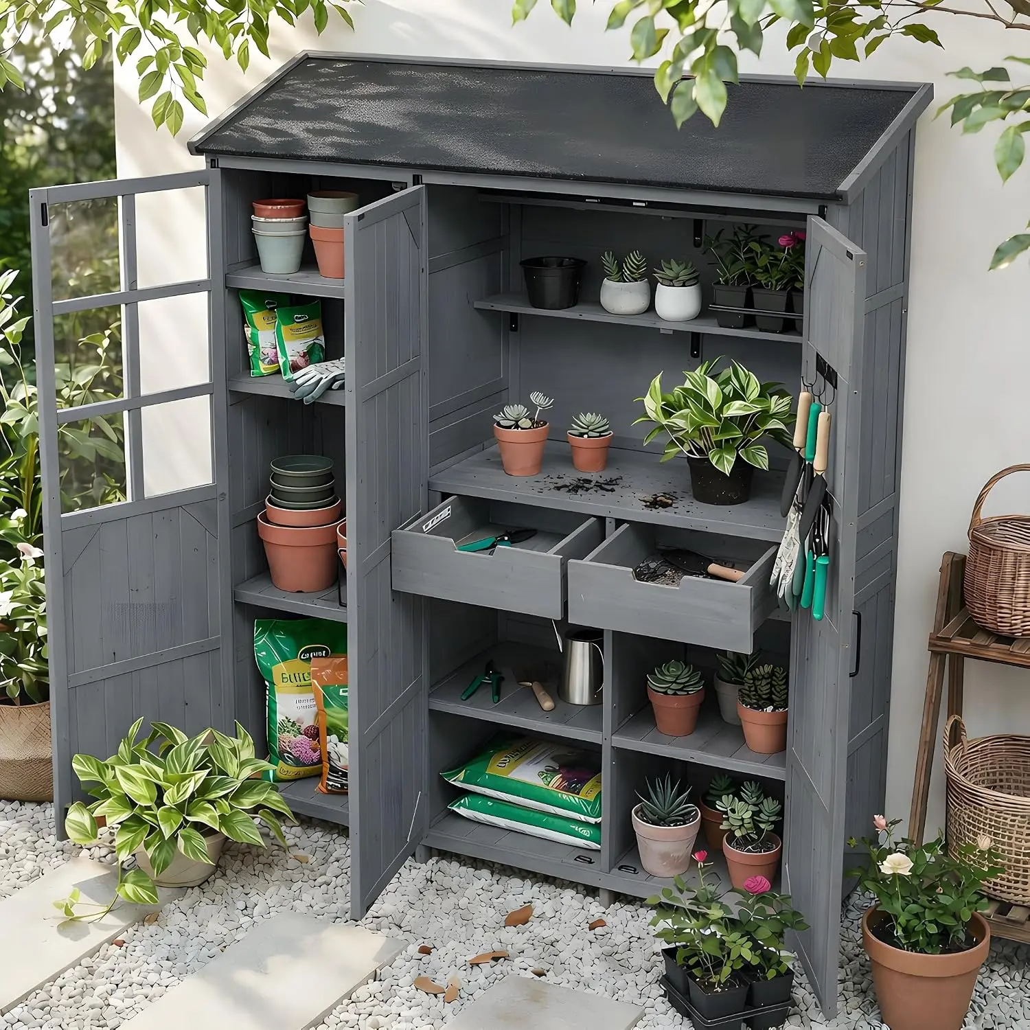 Outdoor Storage Shed Waterproof Roof, 3 Door Cabinet Workstation, 7 Shelves 2 Drawers 6 Hooks, 60.6x19.3x71.6inch, Customized
