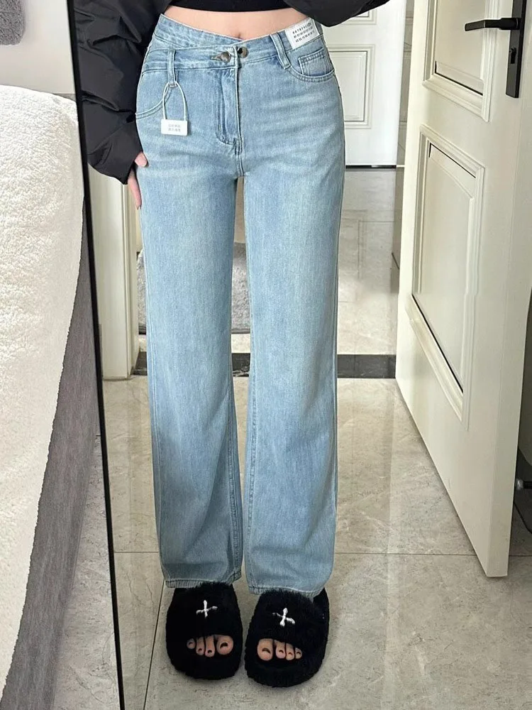 

High Waist Straight Leg Jeans Women's Spring 2024 New Design Cross Waist Loose Drapey Wide Leg Floor Length Pants