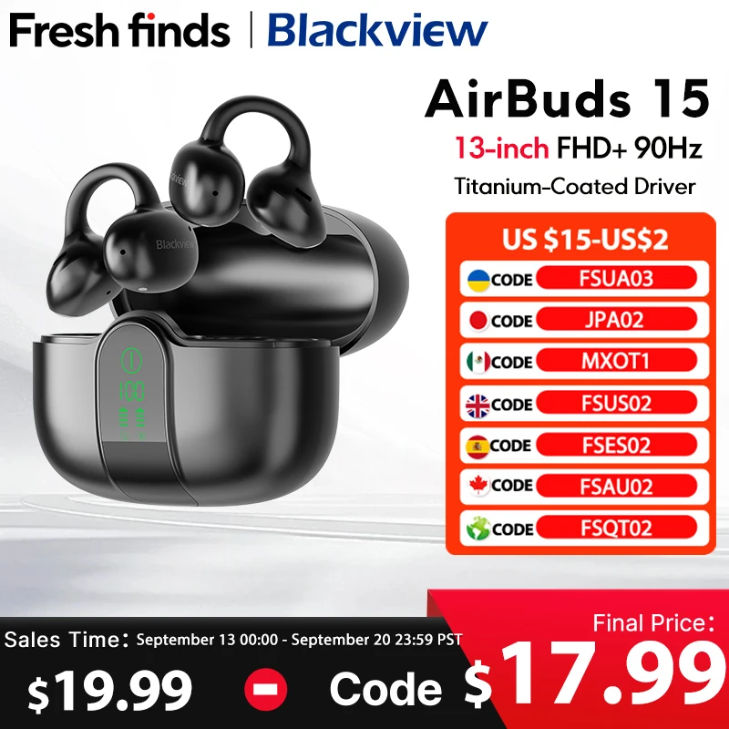 Blackview Airbuds 15 TWSヘッドホン 長時間バッテリー駆動 クリップ式イヤホン Android iOS Harmony OS対応 LEDバッテリー表示