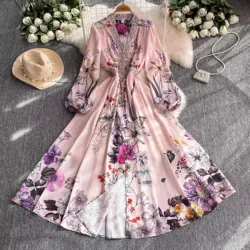 Summer Holiday Floral Print Robe Dress Long Sleeve V-Neck A-Line Belt Beach Party Vestidos Buttons Down Women Maxi Clothes