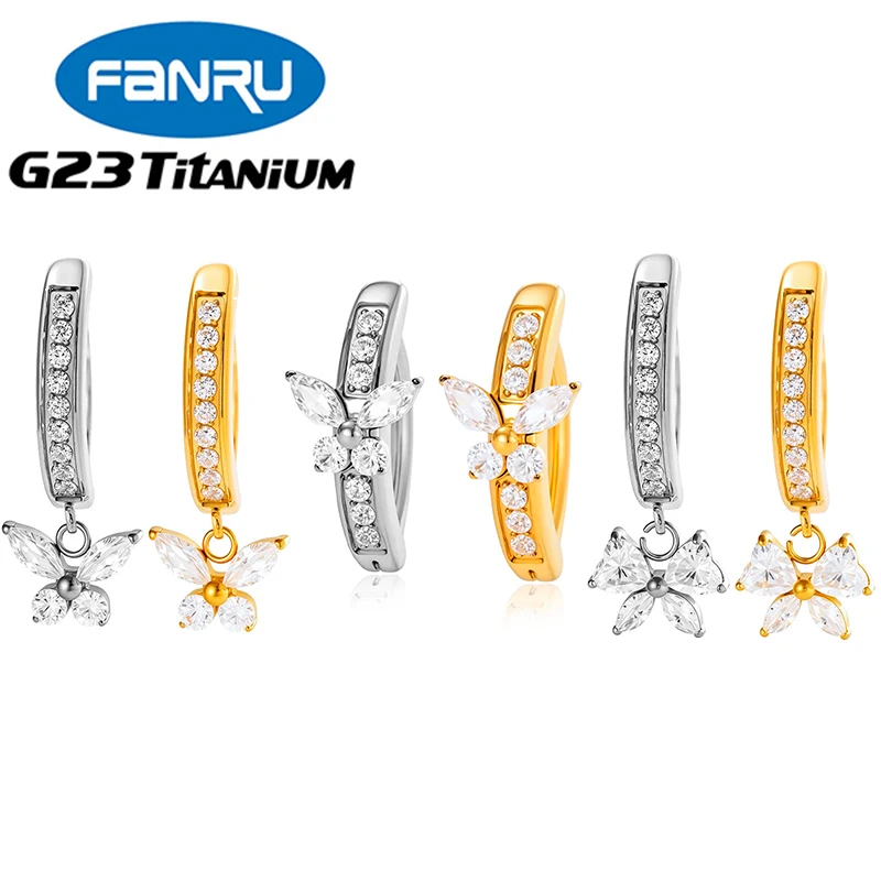 

1PC Implant Grade G23 Titanium Belly Button Ring Zircon Butterfly Pendant Belly Clip Navel Ring Curved Barbell Piercing Jewelry
