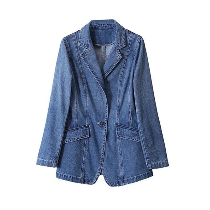 2023 Spring Autumn New Women’s Denim Jacket Fashion  Long Sleeve Loose Casual Jeans Coat Female Suit Collar   Cowboy Overcoat