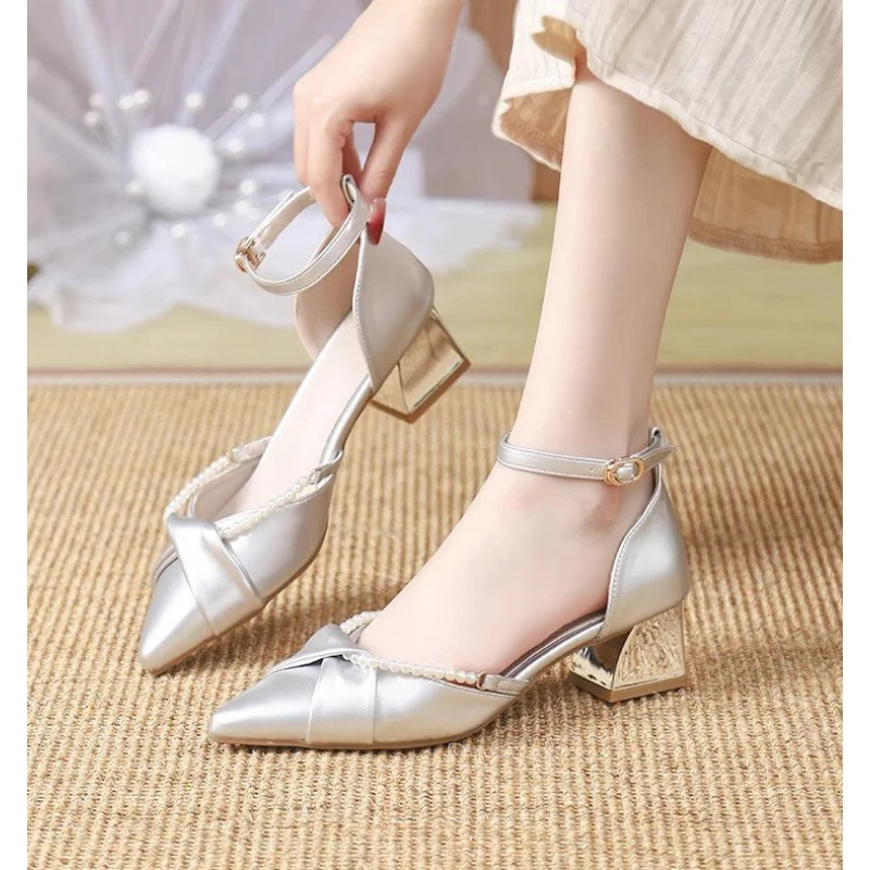 2026 Spring Summer Women's Pointed Toe Chunky Heel Ankle Strap Shoes Elegant Commuter Pumps