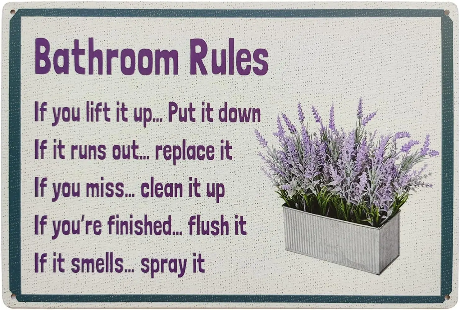 Lavender Bathroom Rules Vintage Metal Hanging Novelty Sign Farmhouse Wall Art Home Decor for Toilet, Washroom, Laundry Room 8x12