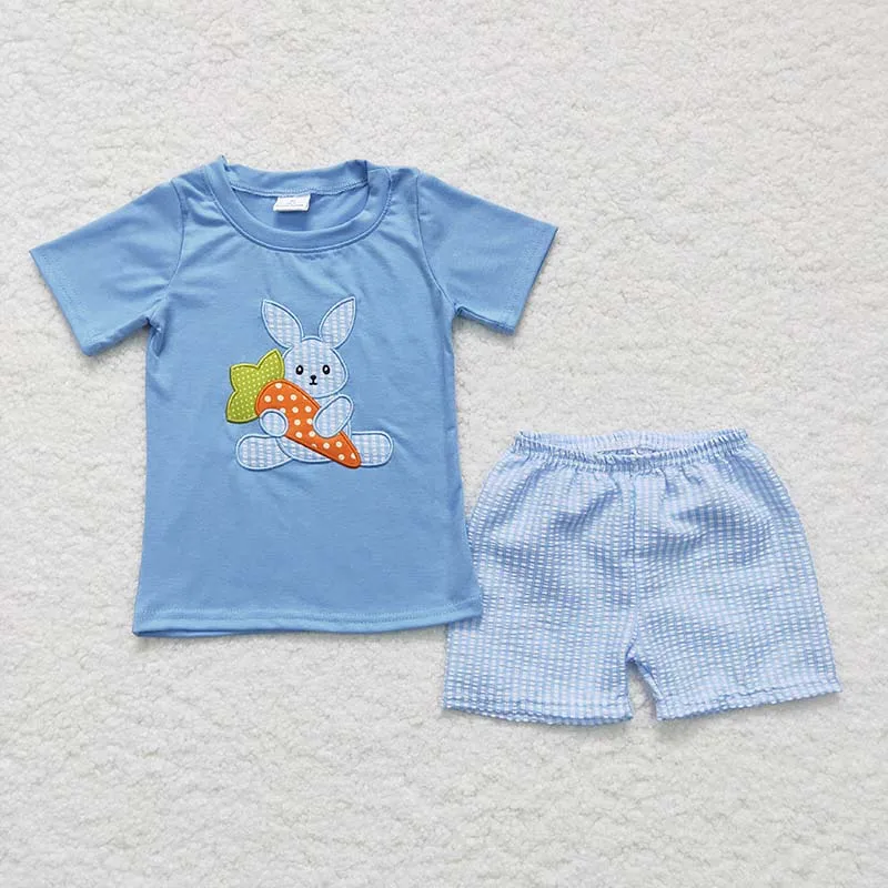 

Happy Easter Rabbit Kid Spring Children Embroidery Bunny Carrot Outfit Baby Boy Short Sleeves Blue Shorts Toddler Cotton Clothes