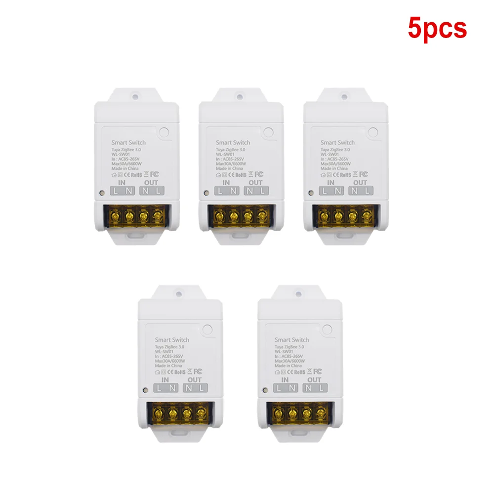 5pcs Zigbee 3.0 6600W 30A Smart Home Module Light Switch AC85-265V Garage Door Opener Relay Tuya Timer DIY for Alexa Google Home