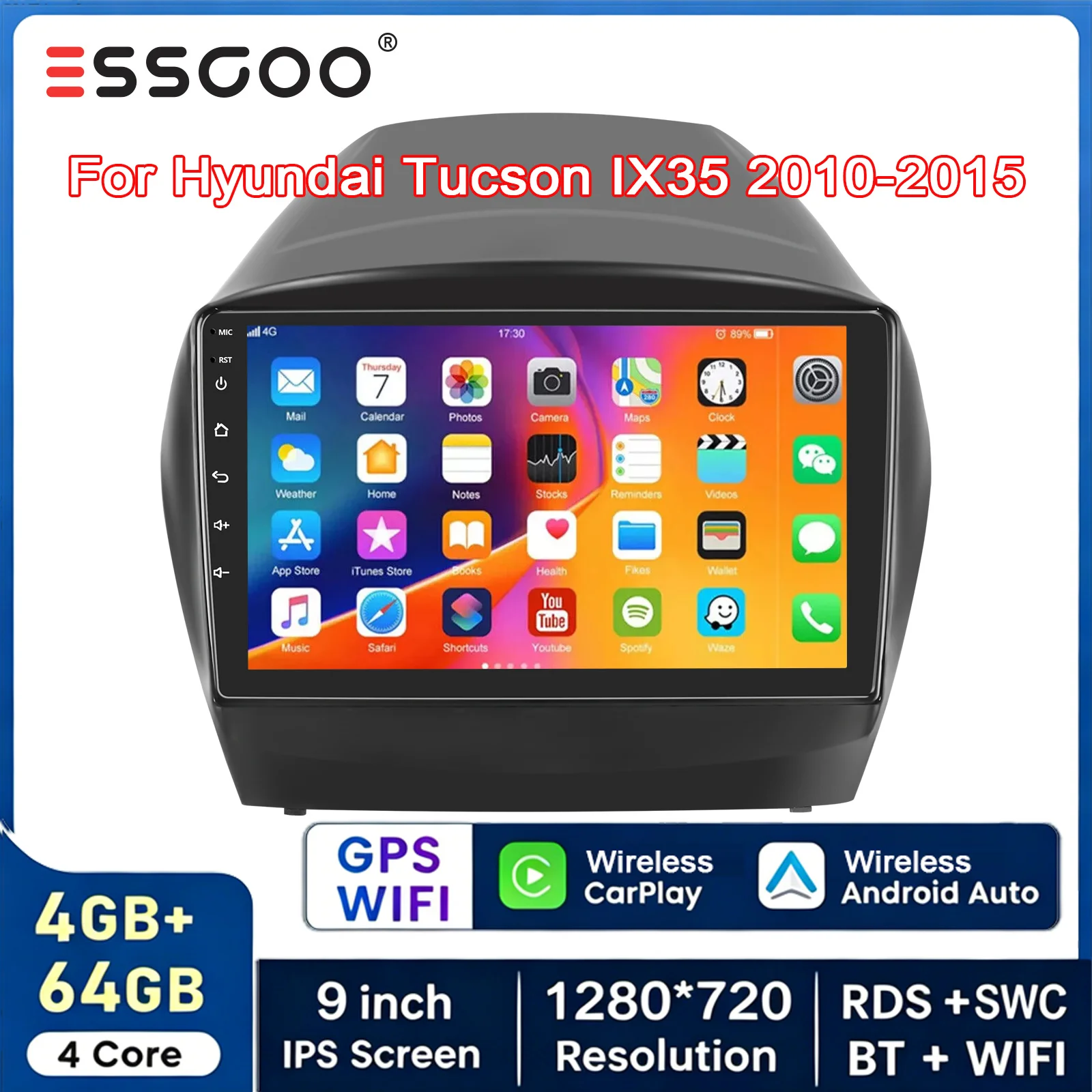 ESSGOO 9-Zoll Android 15 4+64GB Autoradio für Hyundai iX35 EL ELH LM 2010-2015 Kabelloses CarPlay Stereo Multimedia-Videoplayer Automotive 2 Din Autoradio DAB+