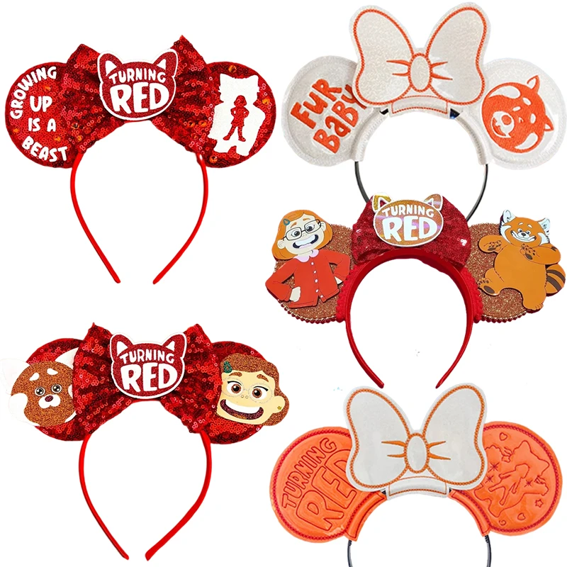 Disney Turning Red Ears Hairbands For Women Pixar Lesser Panda Headband Girl Fur Baby Headwear Kids Sequins Bow Hair Accessories