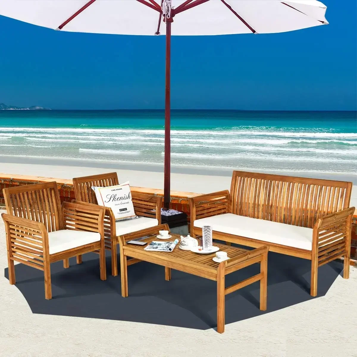 

4 Piece Outdoor Acacia Wood Sofa Set with Water Resistant Cushions,Padded Patio Conversation Table Chair Set w/Coffee Table
