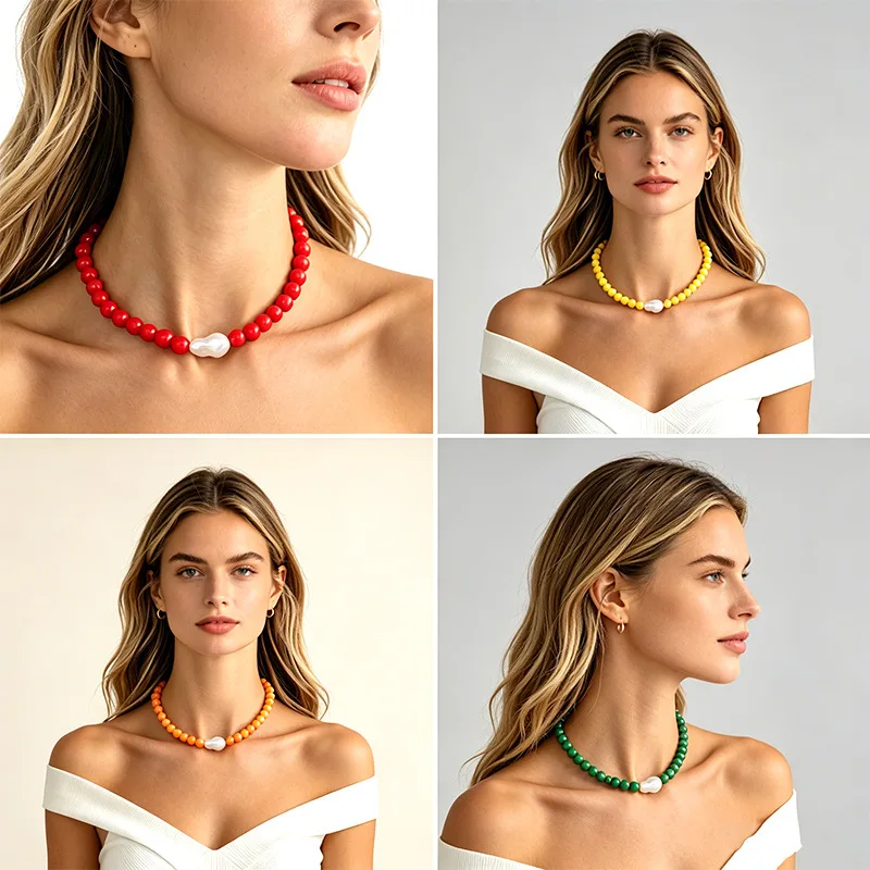 Accessories Sweet Candy Color Acrylic Beaded Necklace Baroque Alien Pearl Collarbone Chain Ladies