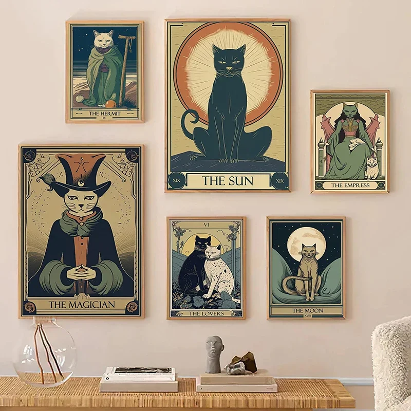 Cat Tarot Card Boho Witchy Cat Lover Gifts Posters Wall Art Pictures Canvas Painting Living Room Bedroom Home Decor Gifts