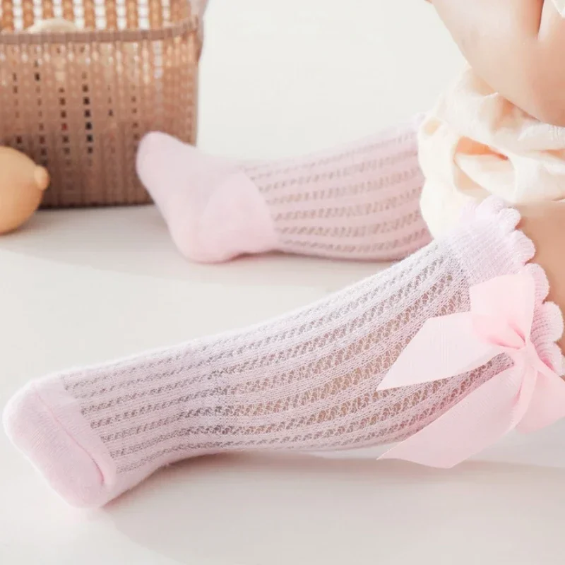 Thin Kids Knee High Socks Baby Girls Boys Bow Long Sock Soft Cotton Mesh Breathable Children Hollow Out Socken for 0-3 Years