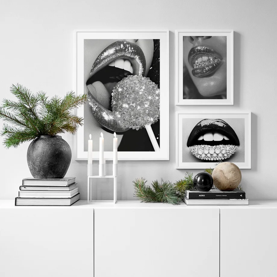 

Light Luxury Wall Art Canvas Painting Woman Lip Diamond Black White Nordic Posters And Prints Wall Picture For Living Room Decor