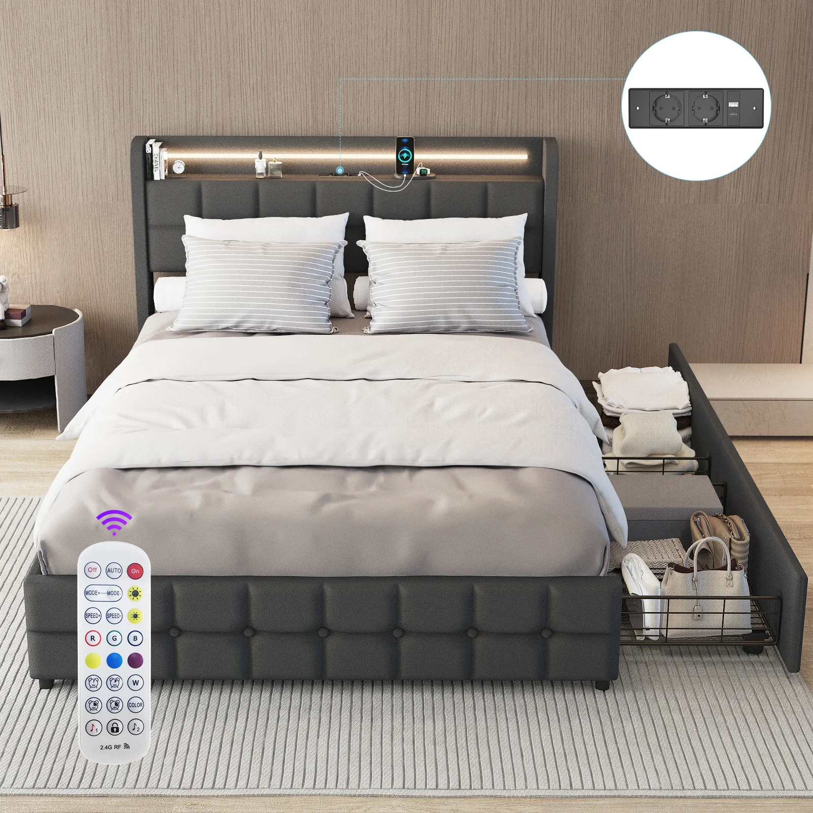 Polsterbett 90x200 cm,LED Doppelbett mit 2 Schubladen und Lattenrost,Kopfteil mit stauraum und