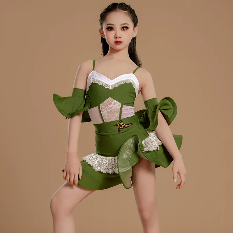 

Green Latin Dance Competition Clothes For Girls Samba Chacha Latin Dance Costume Kids Performance Dancing Dresses SL12136