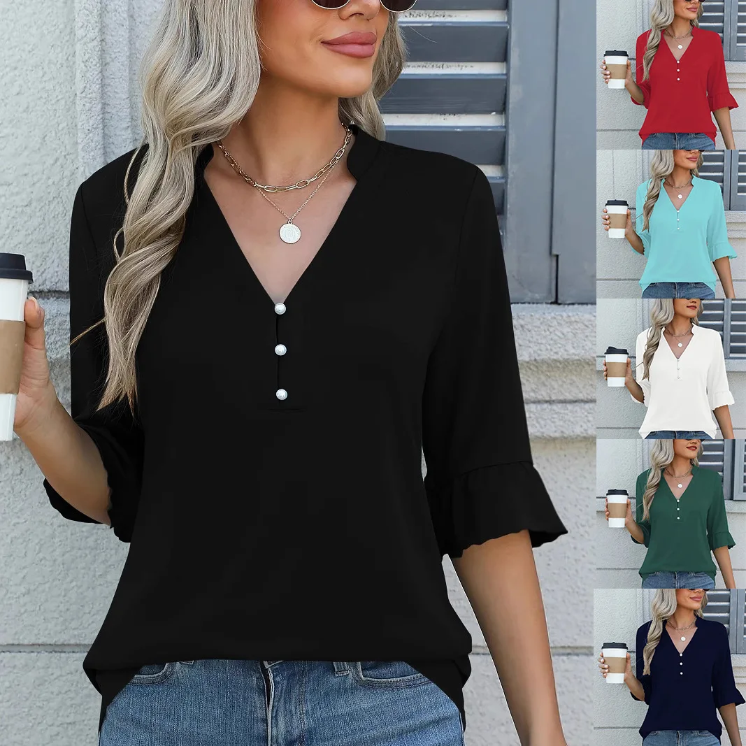 

2025 New Summer Women Blouses Autumn Fashion Elegant Ladies Loose Shirts Casual Half Sleeve V-Neck Button Plus Size Female Tops