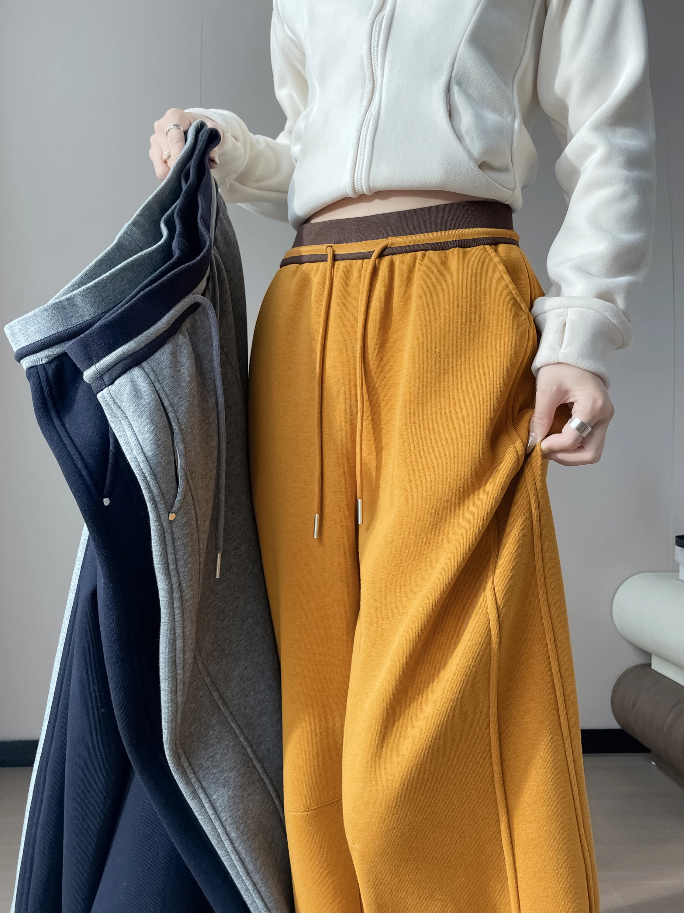 Calças Casuais Amarelas de Abóbora Thiened Fce para Mulheres, Cintura Alta, Ajuste Slim, Calças de Esporte com Pernas Largas