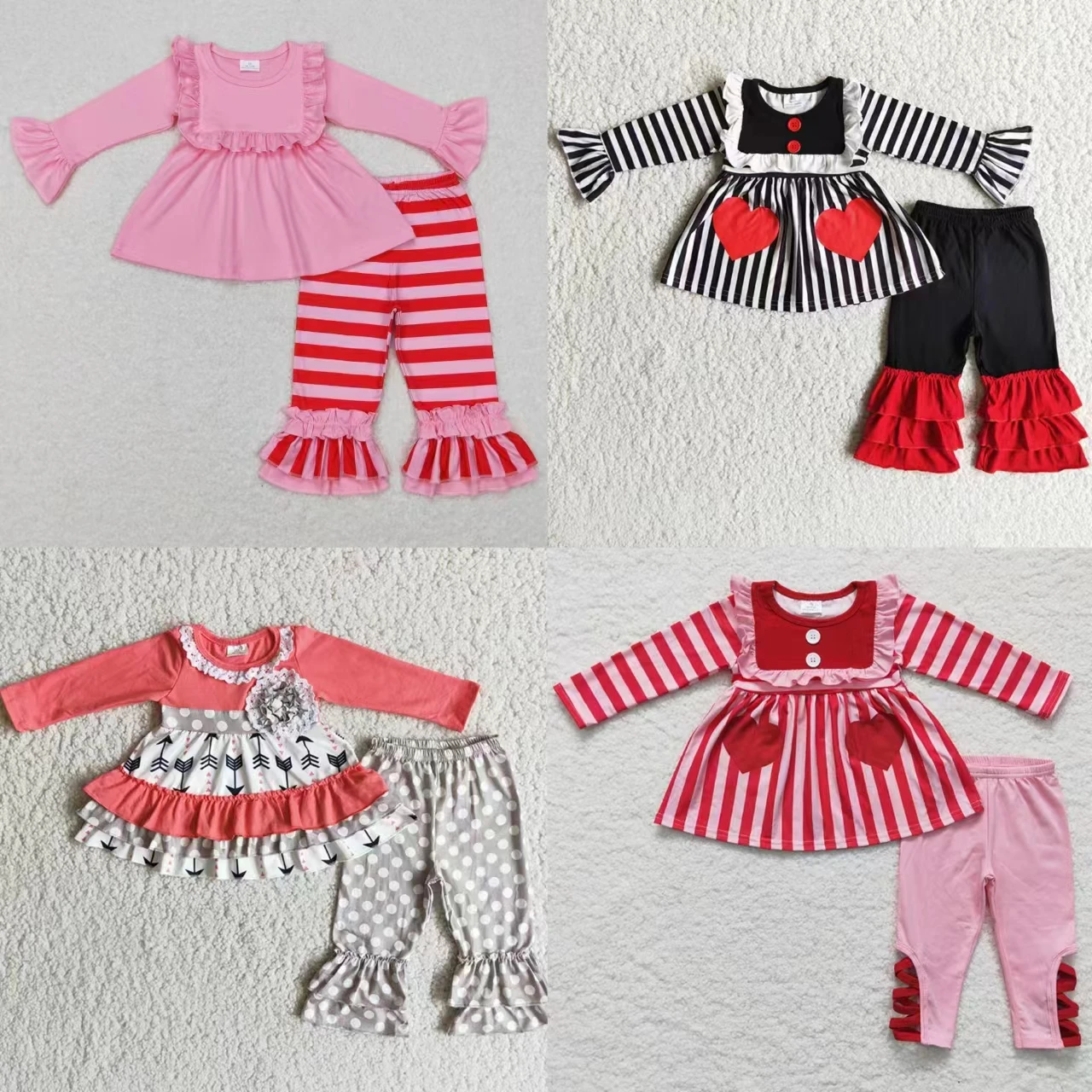 

Wholesale Children Valentine's Day Set Long Sleeves Hearts Tunic Tops Kids Baby Girl Ruffle Pants Children Stripes Outfit