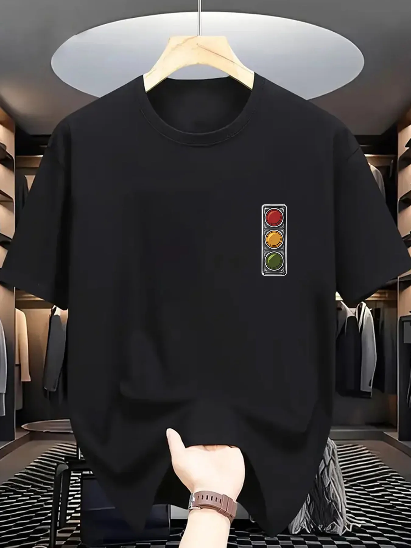 Mini Signal Print Men Short Sleeve Tshirt Small Traffic Light Chest Pattern O Neck Tee Simple Trendy Male Street Fashion Tops