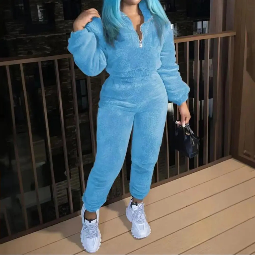 

Комплект из 2 предметов: женский спортивный костюм с топом и брюками, однотонный, с длинными рукавами, воротником-стойкой, толстыми плюшевыми брюками на резинке, для фитнеса