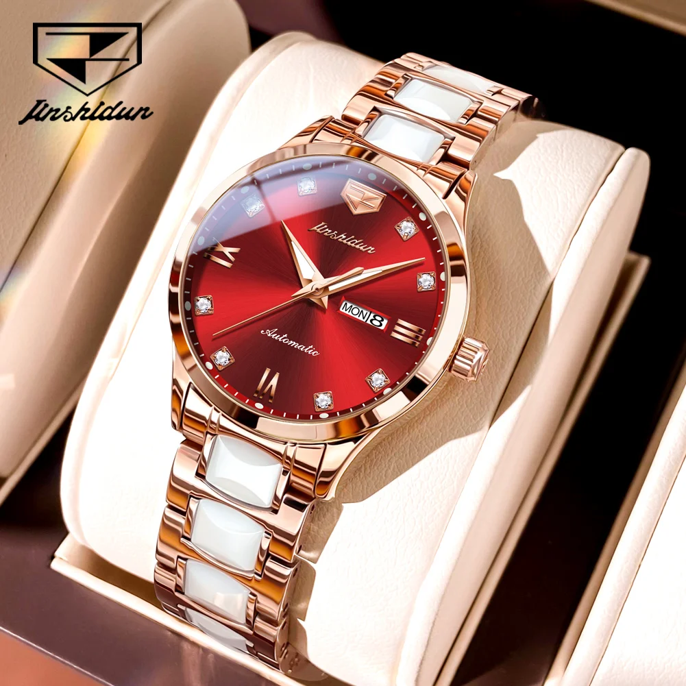 JSDUN 8947 Luxury Mechanical Watch For Women Ceramic Steel Strap Dual Calendar Dress Watches Waterproof Elegant Woman Watch