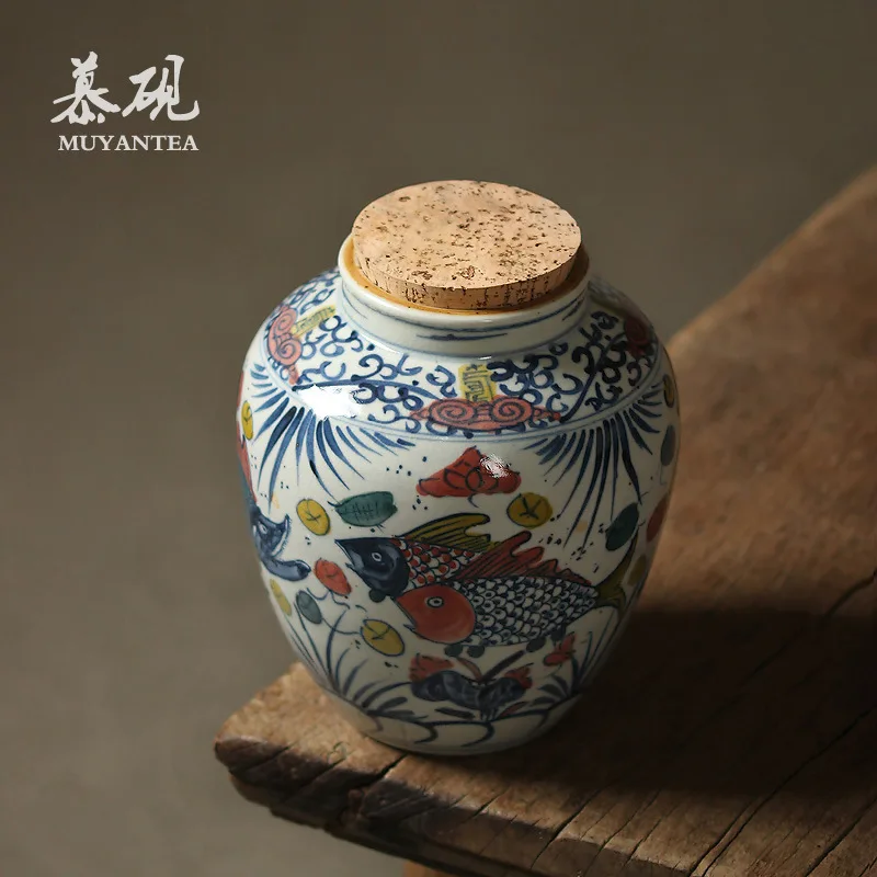 Mu Tao Hand-Painted Blue And White Large With Fish-Scale Pattern, Sealed Wooden Stopper Lid, Canister For Preparation, Kung Fu