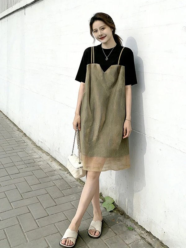 

plus Size 300 Pounds Women's Vintage Patchwork Short Sleeve Dress Summer Straight Tube Skirt Casual Comfortable Breathable