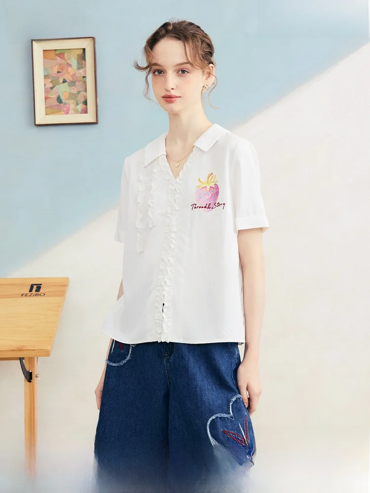 

Cute Stberry Print ort Sve irt Women's Summer New Sle Elastic Ear Print Splicing Loose Fit Sweet Sle Casual irt