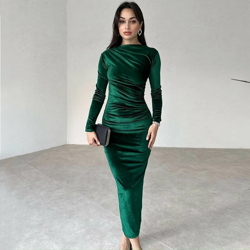 Women's Fashion Autumn Winter Solid Color Slim Fit Ruched Round Neck Long Sleeve Dress