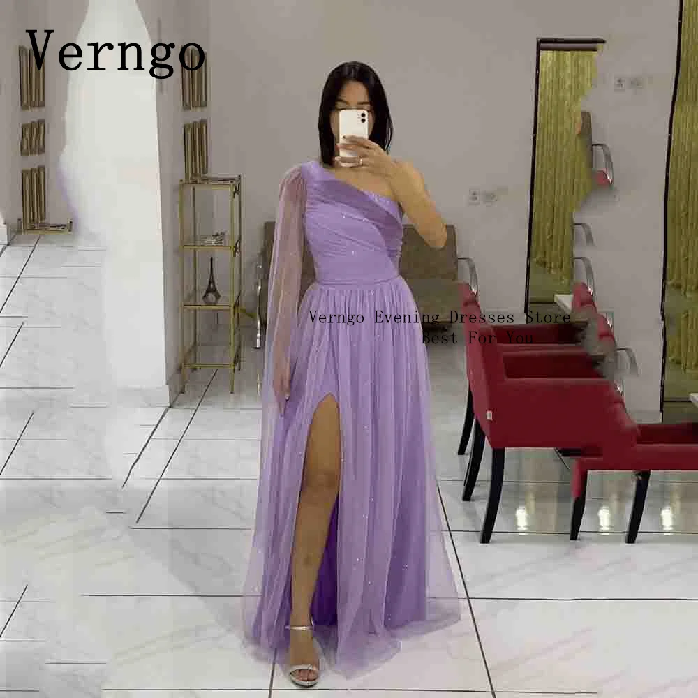 

Verngo Lavender Sequined Tulle Party Dress One Shoulder A Line Bridesmaid Dress For Women Side Slit Maxi Elegant Evening Dress