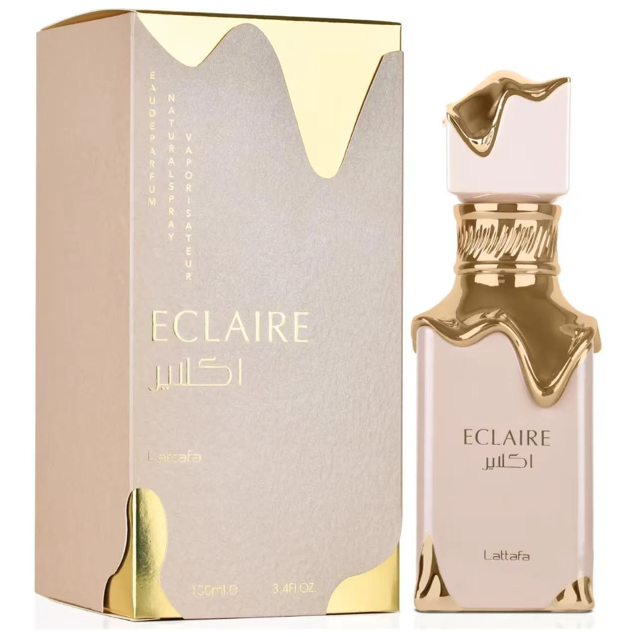 Lattafa Eclaire EDP 100ml, Floral Fragrance, with a Unique Gold-Plated Bottle Design. The Fragrance Notes Include Caramel and Creamy, Smooth and Sweet Dessert-Like aroma. Suitable for Daily Wear and Also for Special Occasions.