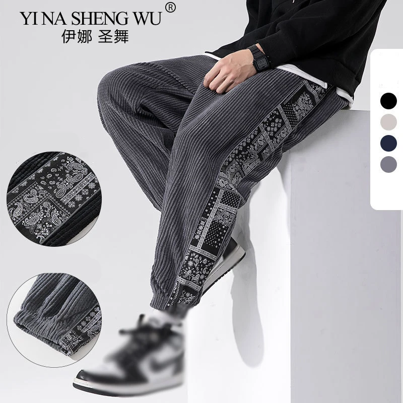 Chinese Style Printed Stitching Corduroy Men's Casual Pants Autumn/Winter New Elastic Waist Small Feet Sweatpants Man Pants