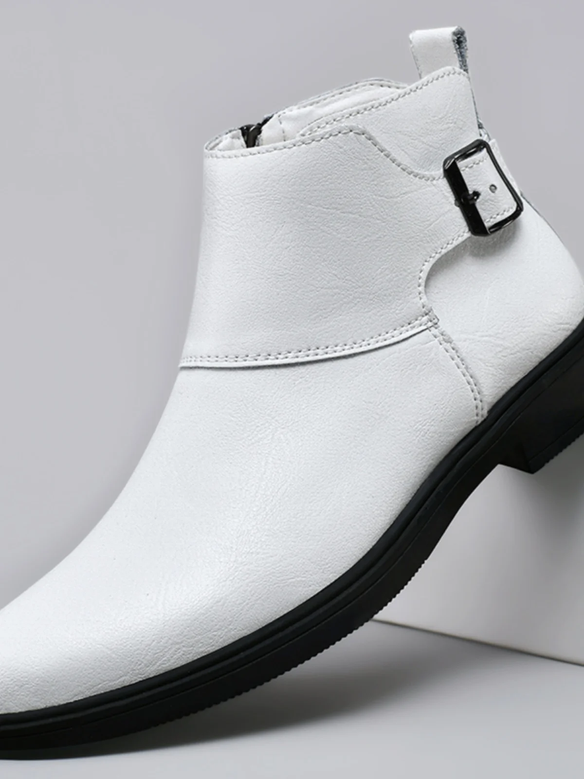 

Winter Men's Chelsea Boots High Top Fleece Lined Genuine Leather White Boots Retro Style round Toe Thick Heel EVA Outsole