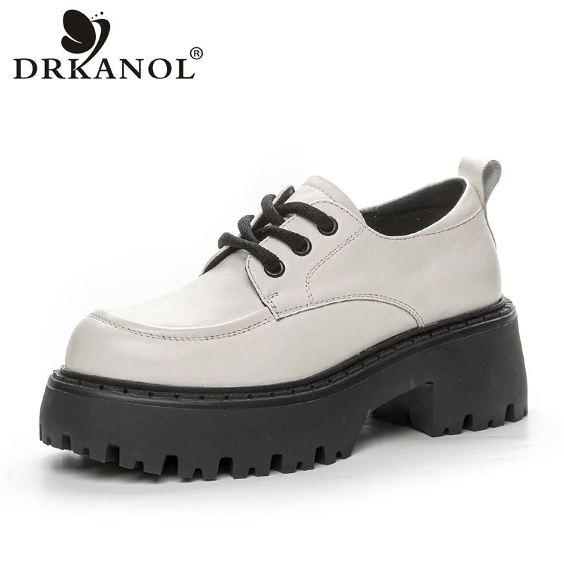 DRKANOL Fashion Concise Genuine Leather Shoes Women Thick High Heel Round Toe Chunky Platform Shoes Lady Casual Lace-up Loafers