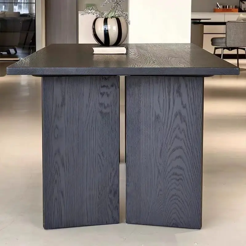 Log long table, black solid wood dining table, simple living room, home desk