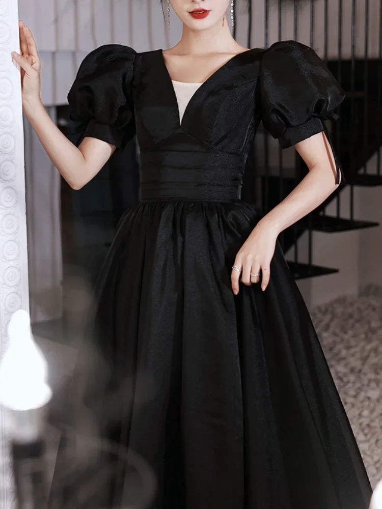 Customized Black Evening Party Dresses 2024 Summer New Elegant V-neck Wedding Dress Slim Waist Puff Sleeve Cross Lace Up Prom Ve