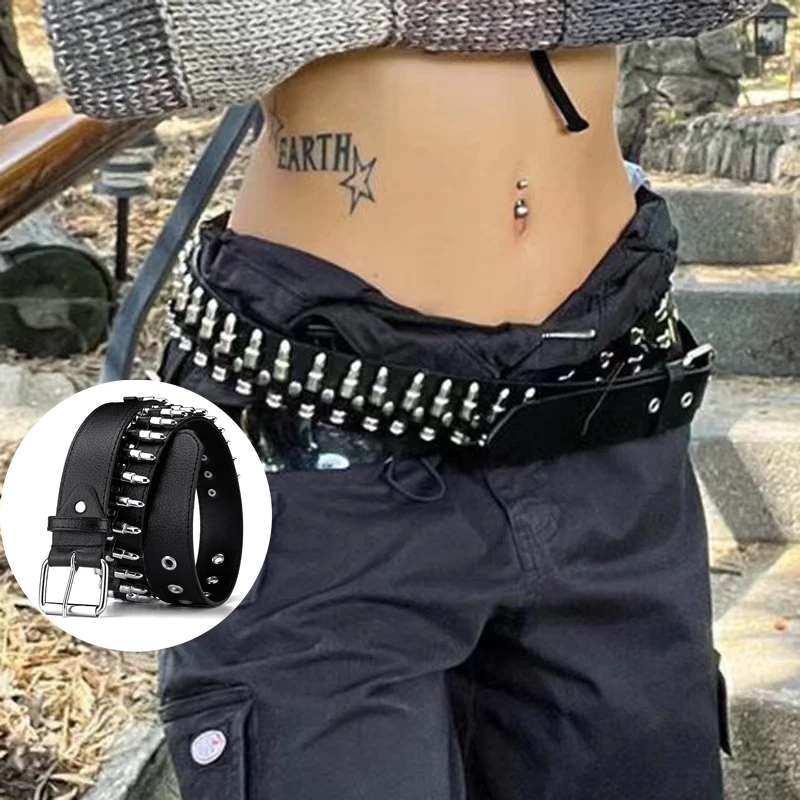 Hollow Bullet Decoration Belt Fashion Ladies Leather Studded Gift Man's Goth Rock Wild Adjustable Women Punk Black Belt