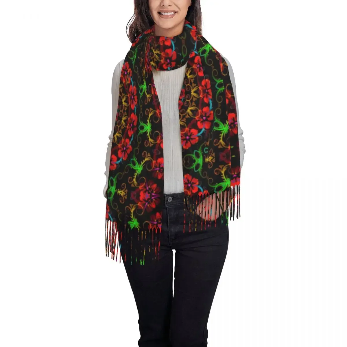 Flower Power Scarf with Long Tassel Fractal Hibiscus Warm Soft Shawl Wrap Women Design Scarves Wraps Winter Casual Bufanda Mujer