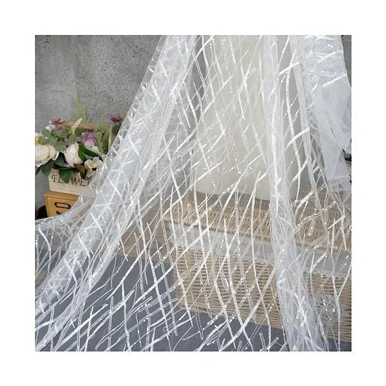 Heavy Sequins Lace fabric Flower Embroidery soft white tulle fabric for wedding lace bridal  dress  veil lace 51