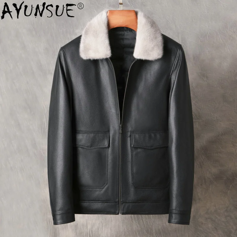 

Warm Genuine Cow Leather Jackets Mens Coats Winter Down Men Puffer Jacket Mink Fur Collar Homme SGG697