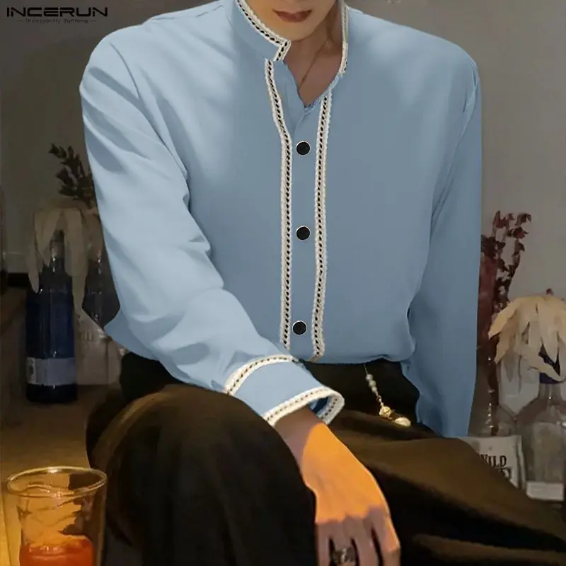 

INCERUN Мужская рубашка в стиле пэчворк с воротником-стойкой и длинным рукавом, повседневная мужская одежда, уличная одежда в корейском стиле, топы, модные мужские рубашки 2026
