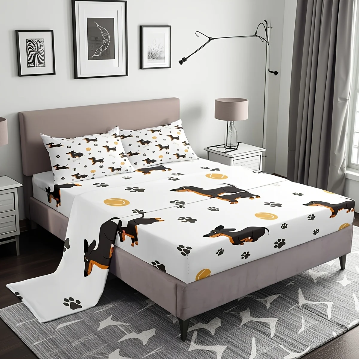 Soft Duvet Cover Set of Three, 1 Duvet Cover + 2 Pillowcases (Without Filling) 2D Flat Printed Duvet Cover Set of Three, Castle Fairy Cute Dachshund Bed Sheet Set, Christmas Decoration, Suitable for All Seasons, Machine Washable, Invisible Zipper, Large Duvet Cover Set, Bedding Set, Quilt Cover