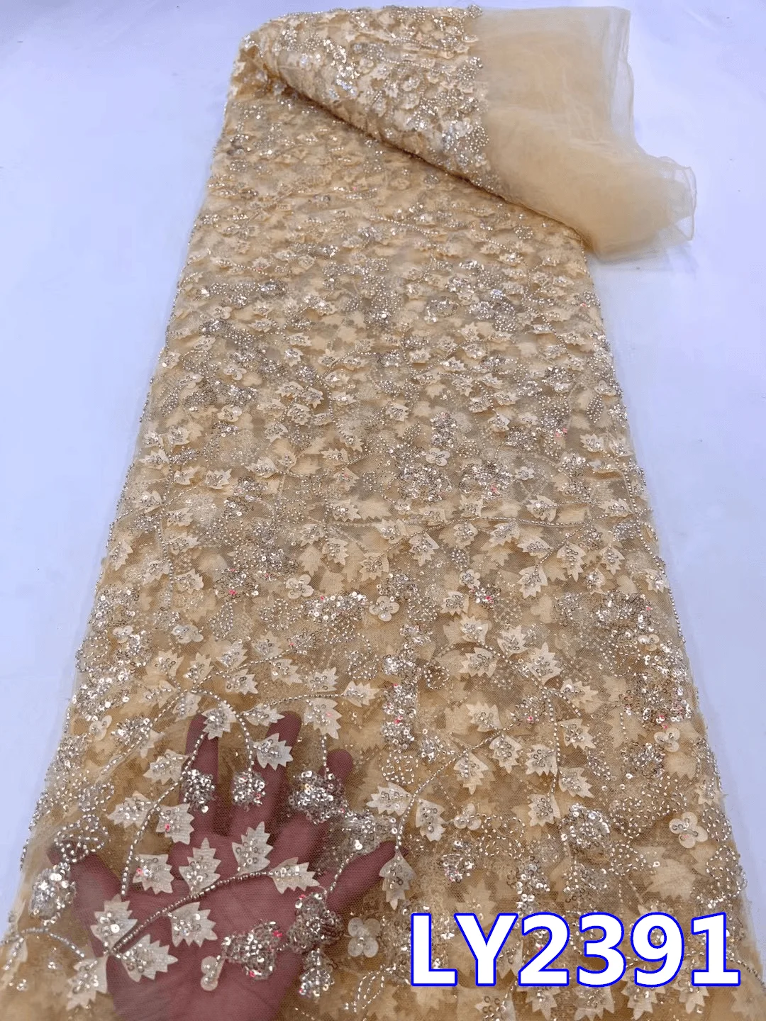 Tissu africain à paillettes en dentelle perlée, broderie de haute qualité pour marié, mariage nigérian, Tulle français, 2023, LY2391