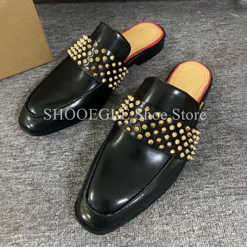 Studded Slippers Flats Toe Half Shoes For Men Loafer Shoes Gold Rivet Small Square Toe Men\'s Shoes Summer Casual Flat Shoes