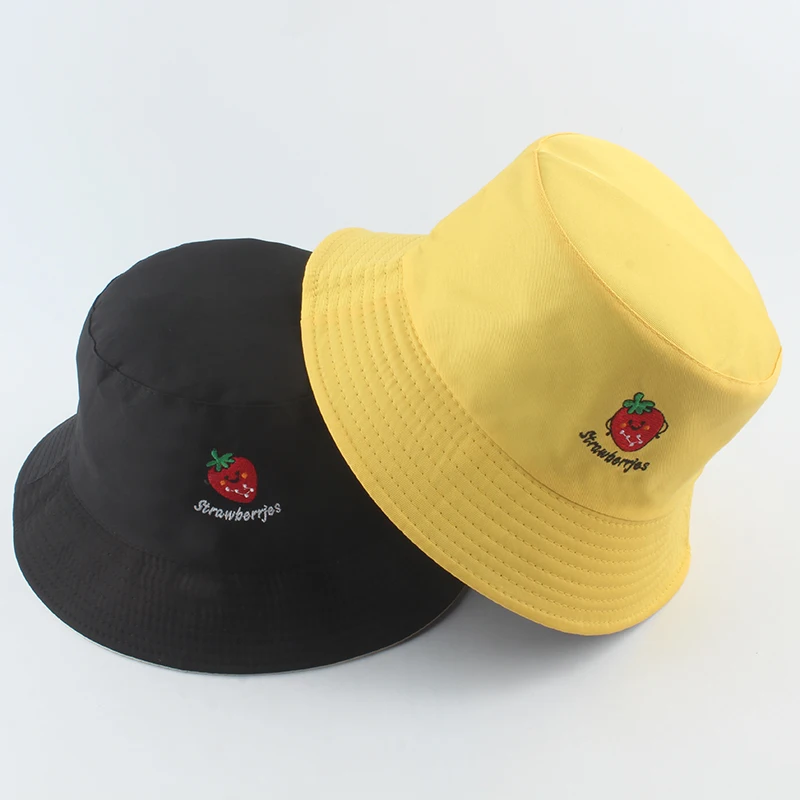 2022 Panama Bucket Hat Fruit Strawberry Embroidered Fishing Cap Men Women Reversible Travel Beach Sun Hats