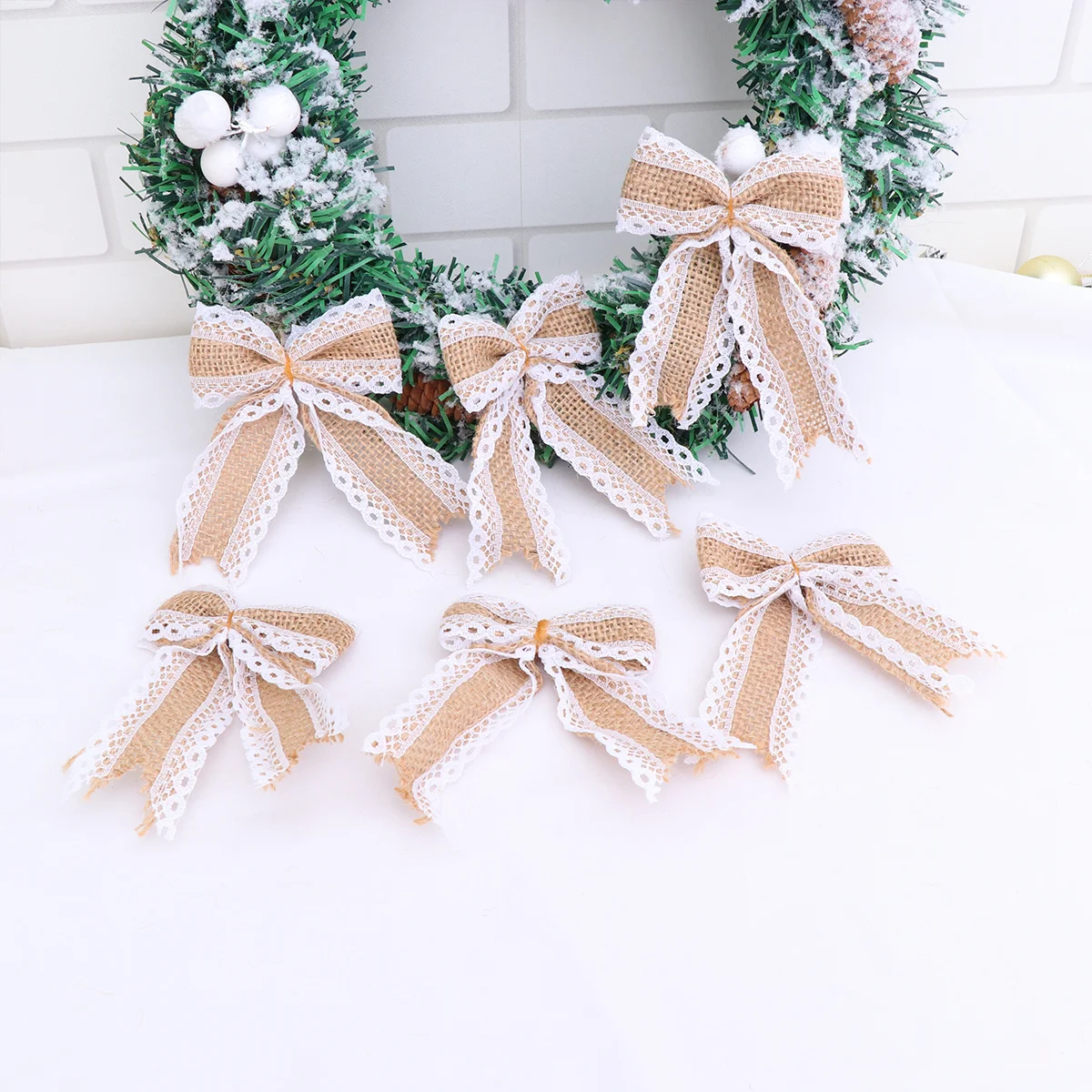 

6PCS Burlap Lace Bowknot Set DIY Jute Bows Embellishments Natural Hessian Crafts Party Decoration for Weddings Christmas Festiva