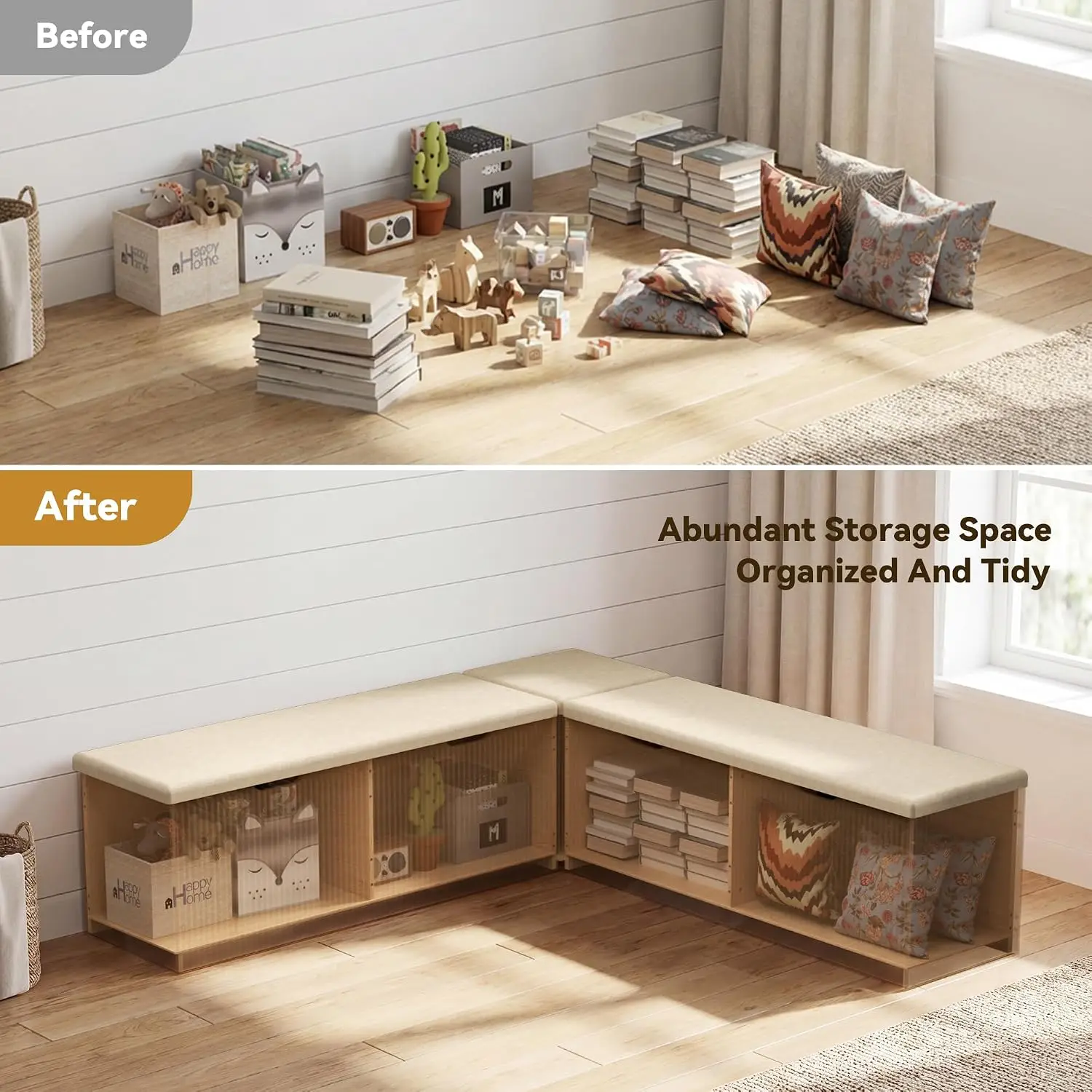 L-Shaped Storage Bench, Wood Corner Bench with Storage, Living Room Entryway Furniture, Customized