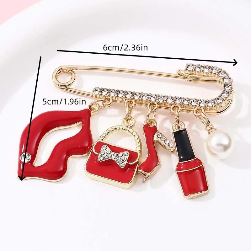 Retro Diamond Brooch With Inlaid Needle High-end Lip Pack Lipstick Pearl Elegant Bag Pendant Anti Slip Clothing Accessories